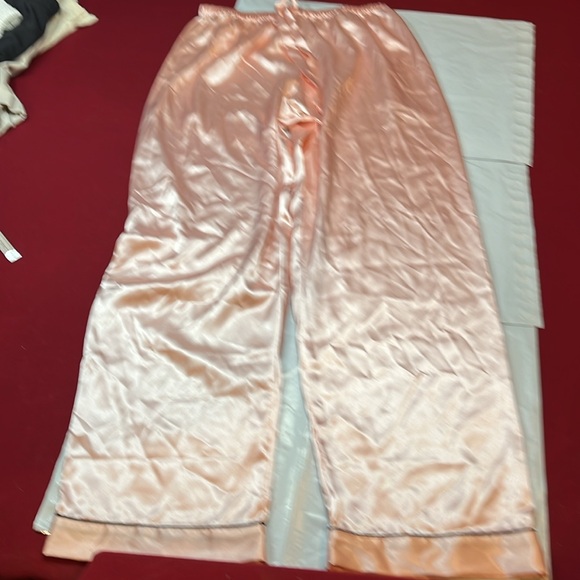 PINK satin PJ PANTS & SHORTS SET Peachy Pink black trim Stretch waist LUXURY MED - Picture 9 of 12